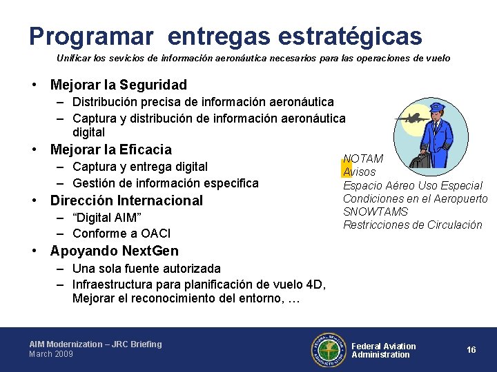 Programar entregas estratégicas Unificar los sevicios de información aeronáutica necesarios para las operaciones de