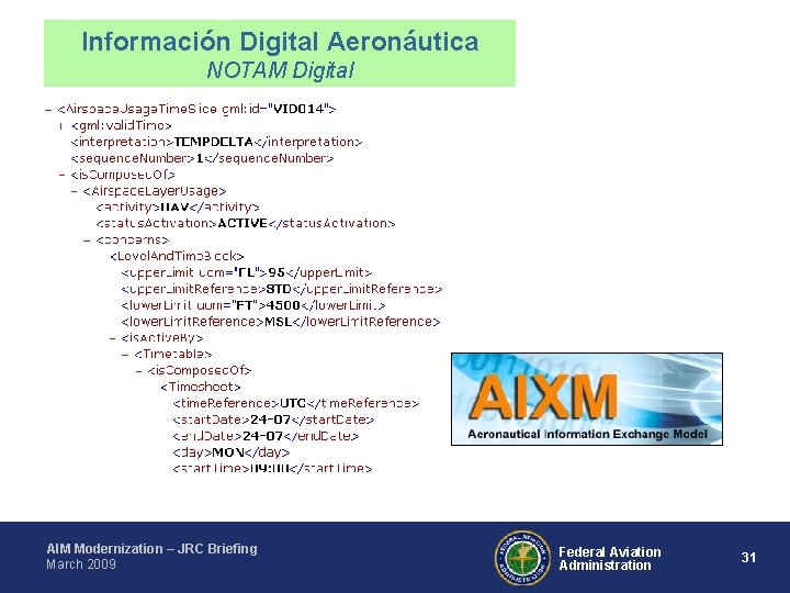 Información Digital Aeronáutica NOTAM Digital AIM Modernization – JRC Briefing March 2009 Federal Aviation