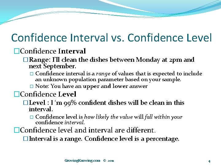 Confidence Interval vs. Confidence Level �Confidence Interval �Range: I’ll clean the dishes between Monday