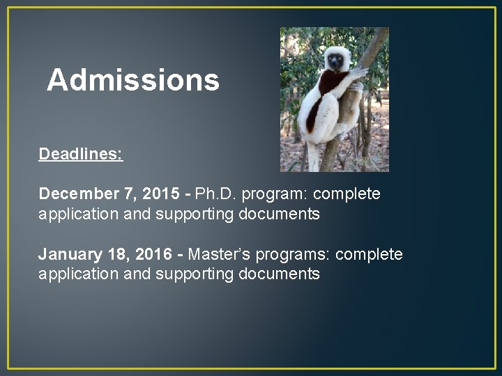 Admissions Deadlines: December 7, 2015 - Ph. D. program: complete application and supporting documents