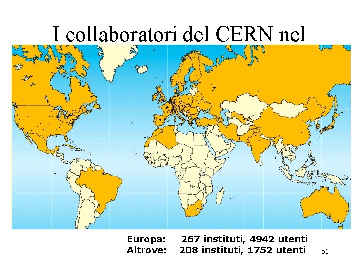 I collaboratori del CERN nel mondo Europa: Altrove: 267 instituti, 4942 utenti 208 instituti,