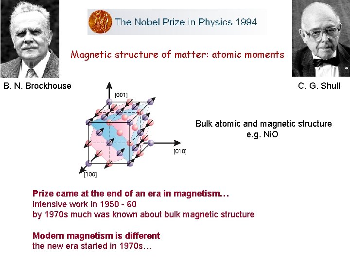 Magnetic structure of matter: atomic moments B. N. Brockhouse C. G. Shull Bulk atomic