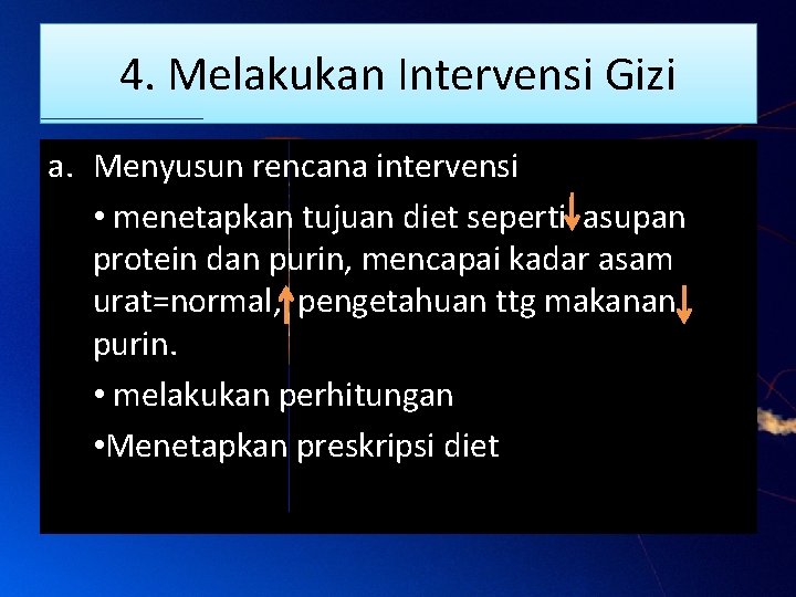 4. Melakukan Intervensi Gizi a. Menyusun rencana intervensi • menetapkan tujuan diet seperti asupan