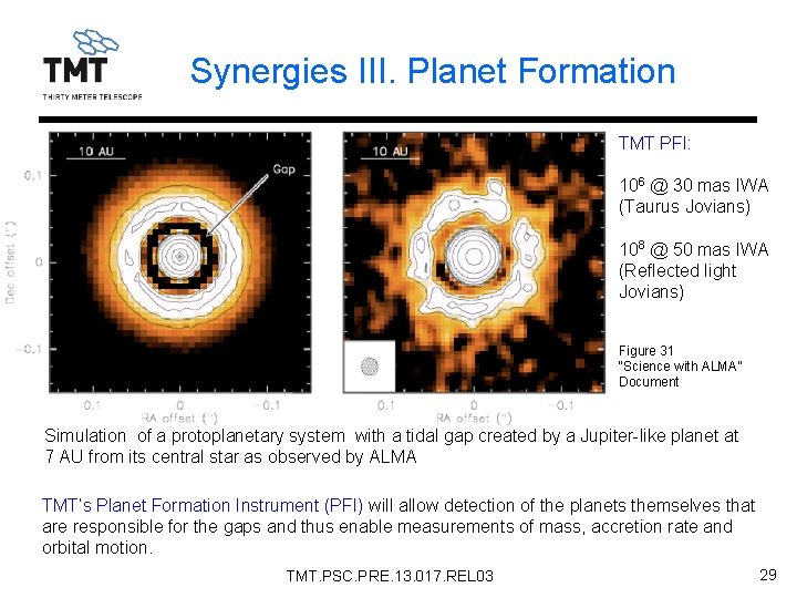 Synergies III. Planet Formation TMT PFI: 106 @ 30 mas IWA (Taurus Jovians) 108