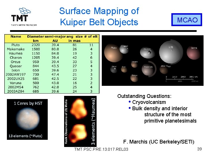 Surface Mapping of Kuiper Belt Objects MCAO Outstanding Questions: • Cryovolcanism • Bulk density
