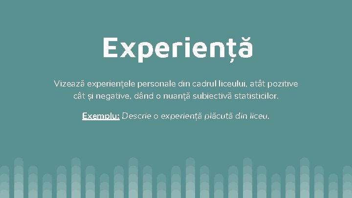 Experiență Vizează experiențele personale din cadrul liceului, atât pozitive cât și negative, dând o