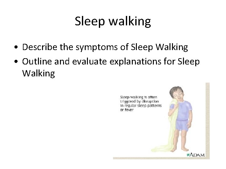 Sleep walking • Describe the symptoms of Sleep Walking • Outline and evaluate explanations