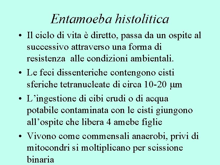 Entamoeba histolitica • Il ciclo di vita è diretto, passa da un ospite al