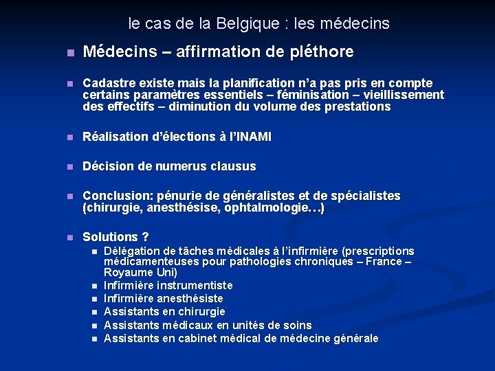 le cas de la Belgique : les médecins n Médecins – affirmation de pléthore