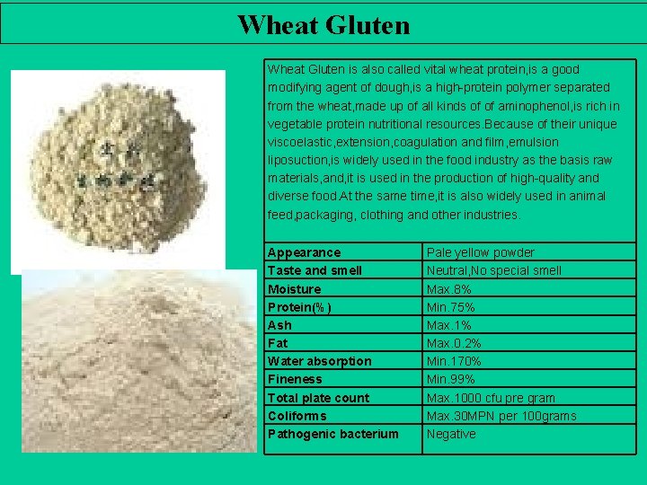 Wheat Gluten is also called vital wheat protein, is a good modifying agent of