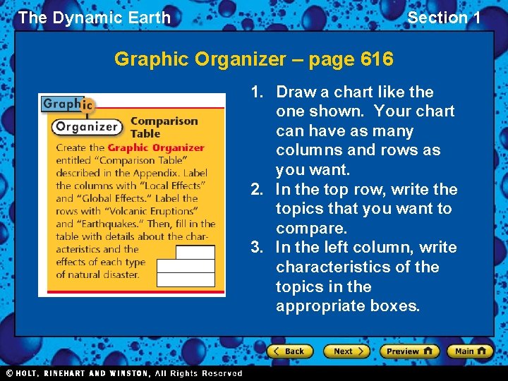 The Dynamic Earth Section 1 Graphic Organizer – page 616 1. Draw a chart