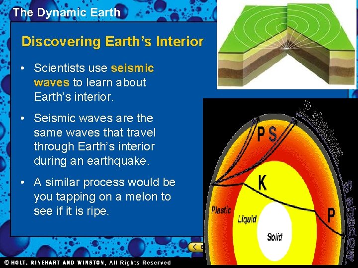 The Dynamic Earth Discovering Earth’s Interior • Scientists use seismic waves to learn about