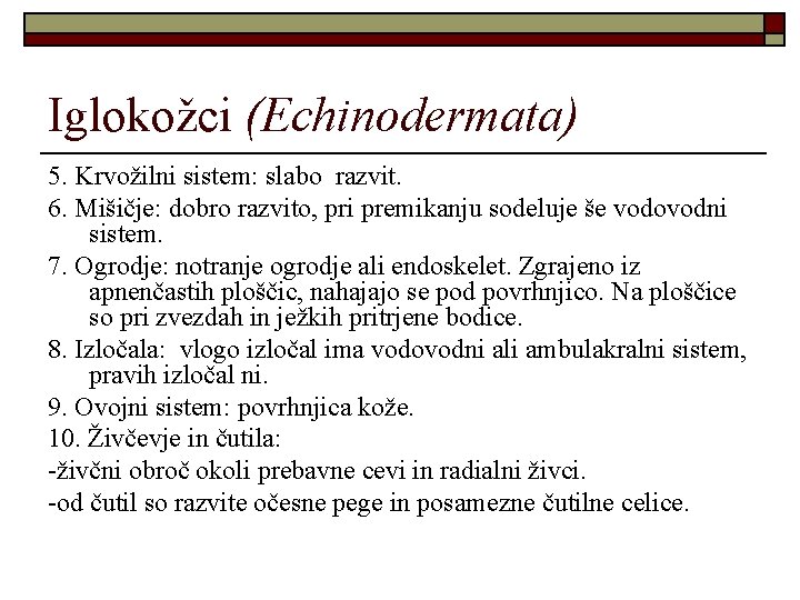 Iglokožci (Echinodermata) 5. Krvožilni sistem: slabo razvit. 6. Mišičje: dobro razvito, pri premikanju sodeluje