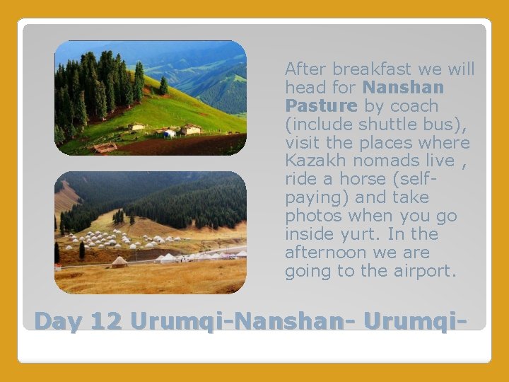 After breakfast we will head for Nanshan Pasture by coach (include shuttle bus), visit