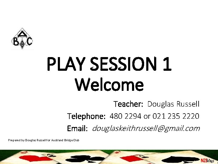 PLAY SESSION 1 Welcome Teacher: Douglas Russell Telephone: 480 2294 or 021 235 2220