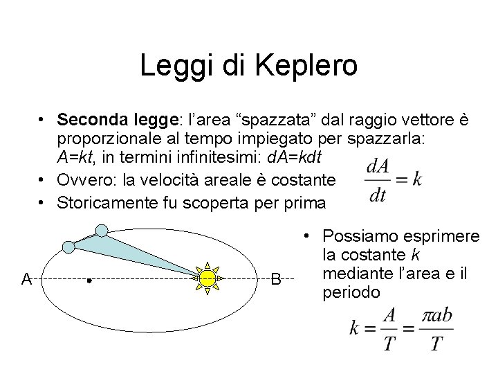 Leggi di Keplero • Seconda legge: l’area “spazzata” dal raggio vettore è proporzionale al