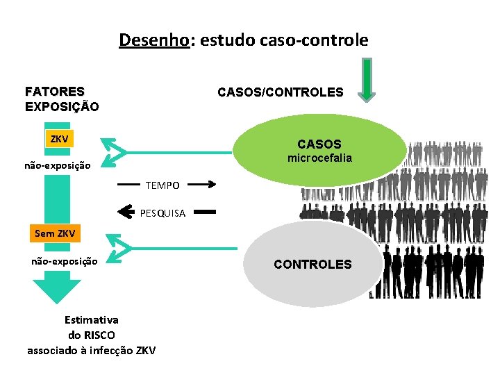 Desenho: estudo caso-controle FATORES EXPOSIÇÃO CASOS/CONTROLES ZKV CASOS microcefalia não-exposição TEMPO PESQUISA Sem ZKV