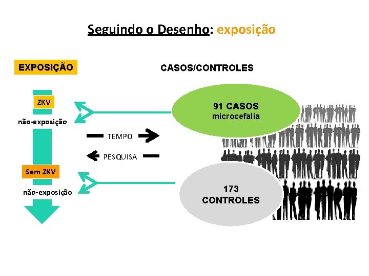 Seguindo o Desenho: exposição EXPOSIÇÃO CASOS/CONTROLES ZKV 91 CASOS microcefalia não-exposição TEMPO PESQUISA Sem