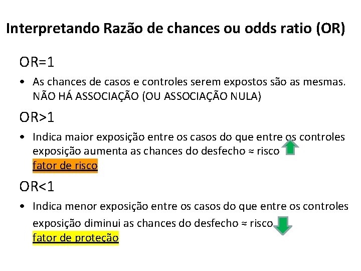 Interpretando Razão de chances ou odds ratio (OR) OR=1 • As chances de casos