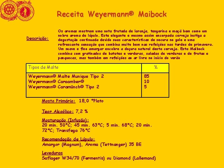 Receita Weyermann® Maibock Descrição: Os aromas mostram uma nota frutada de laranja, tangerina e Receita Weyermann® Maibock Descrição: Os aromas mostram uma nota frutada de laranja, tangerina e