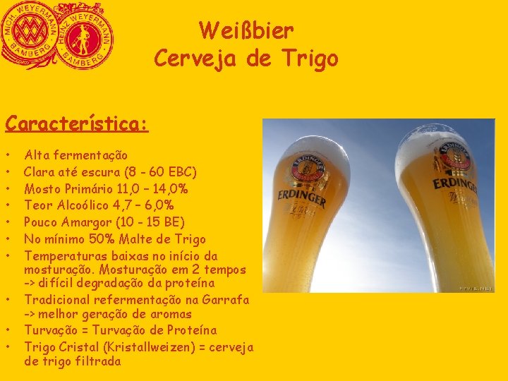 Weißbier Cerveja de Trigo Característica: • • • Alta fermentação Clara até escura (8 Weißbier Cerveja de Trigo Característica: • • • Alta fermentação Clara até escura (8