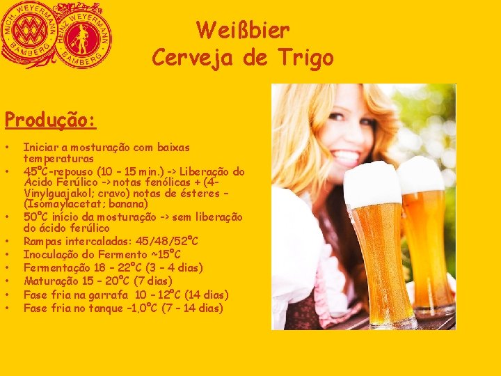 Weißbier Cerveja de Trigo Produção: • • • Iniciar a mosturação com baixas temperaturas Weißbier Cerveja de Trigo Produção: • • • Iniciar a mosturação com baixas temperaturas