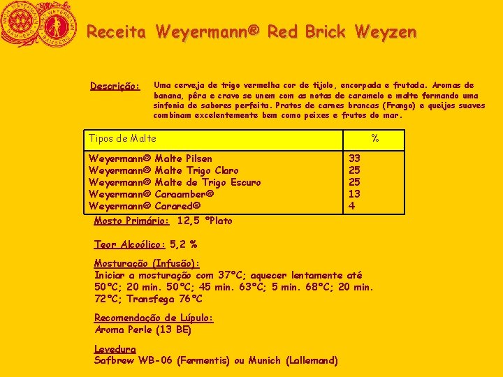 Receita Weyermann® Red Brick Weyzen Descrição: Uma cerveja de trigo vermelha cor de tijolo, Receita Weyermann® Red Brick Weyzen Descrição: Uma cerveja de trigo vermelha cor de tijolo,