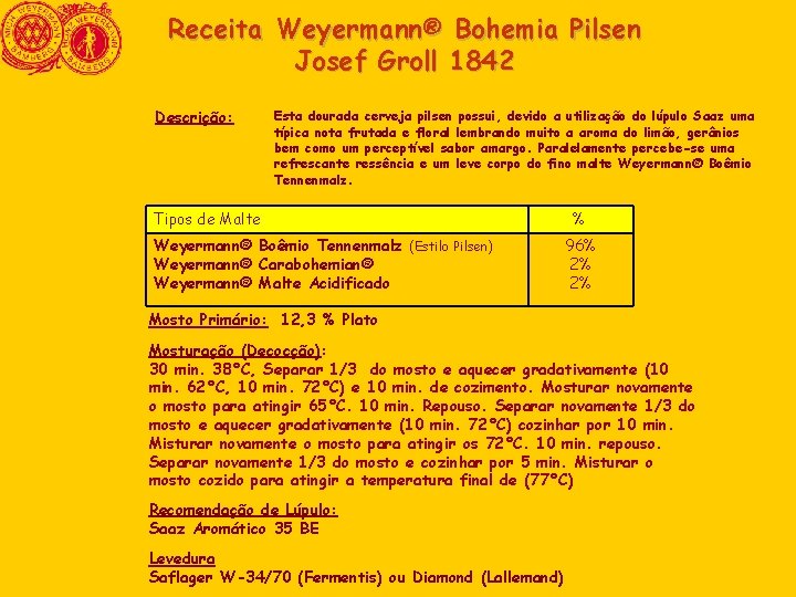 Receita Weyermann® Bohemia Pilsen Josef Groll 1842 Descrição: Esta dourada cerveja pilsen possui, devido Receita Weyermann® Bohemia Pilsen Josef Groll 1842 Descrição: Esta dourada cerveja pilsen possui, devido