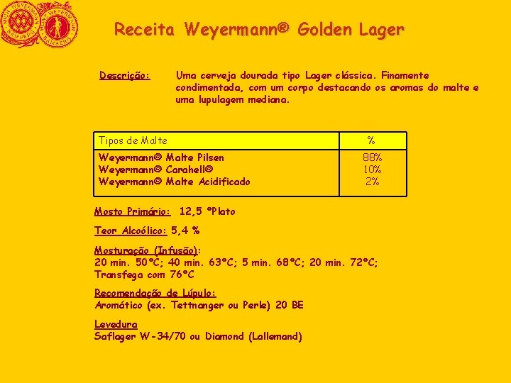 Receita Weyermann® Golden Lager Descrição: Uma cerveja dourada tipo Lager clássica. Finamente condimentada, com Receita Weyermann® Golden Lager Descrição: Uma cerveja dourada tipo Lager clássica. Finamente condimentada, com