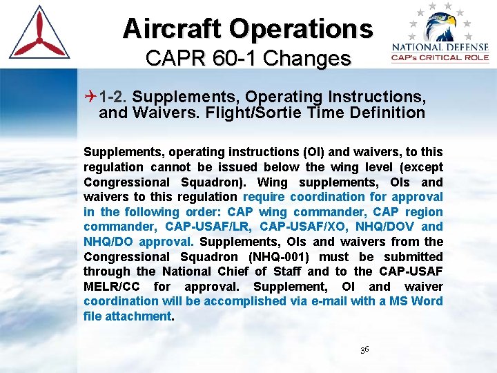 Aircraft Operations CAPR 60 -1 Changes 1 -2. Supplements, Operating Instructions, and Waivers. Flight/Sortie Aircraft Operations CAPR 60 -1 Changes 1 -2. Supplements, Operating Instructions, and Waivers. Flight/Sortie
