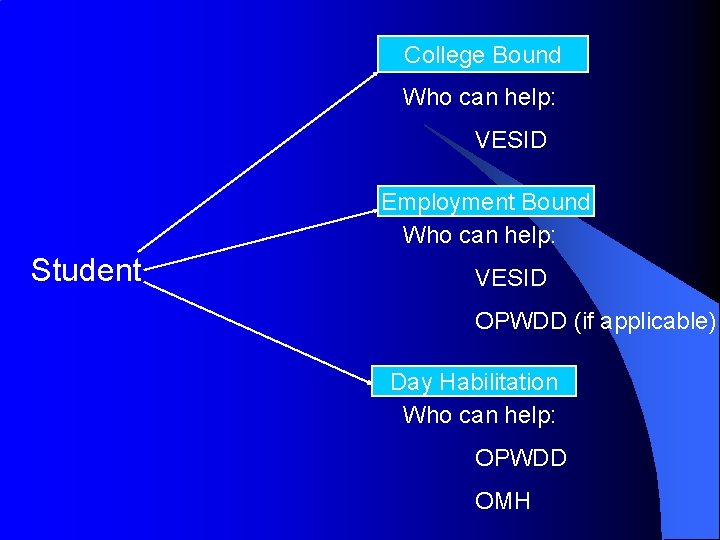 College Bound Who can help: VESID Employment Bound Who can help: Student VESID OPWDD