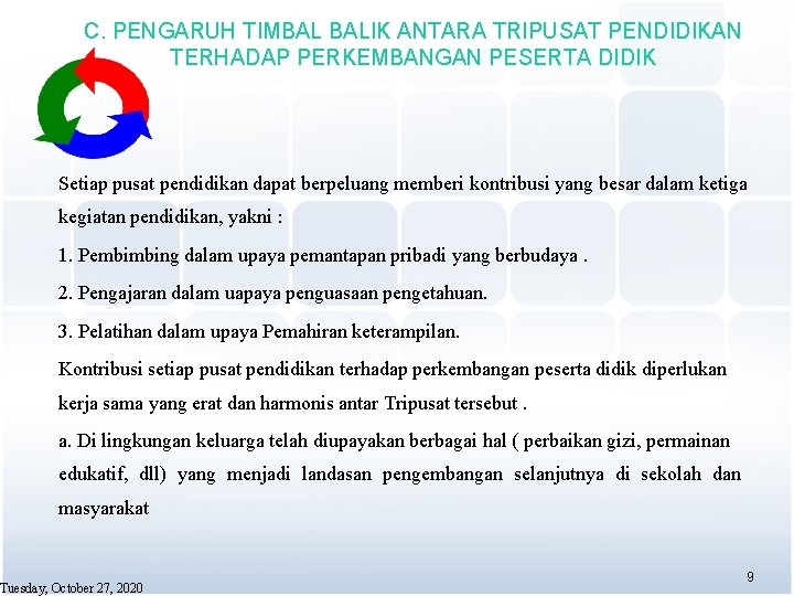 C. PENGARUH TIMBAL BALIK ANTARA TRIPUSAT PENDIDIKAN TERHADAP PERKEMBANGAN PESERTA DIDIK Setiap pusat pendidikan C. PENGARUH TIMBAL BALIK ANTARA TRIPUSAT PENDIDIKAN TERHADAP PERKEMBANGAN PESERTA DIDIK Setiap pusat pendidikan