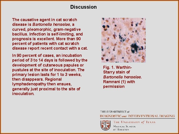 Discussion The causative agent in cat scratch disease is Bartonella henselae, a curved, pleomorphic,