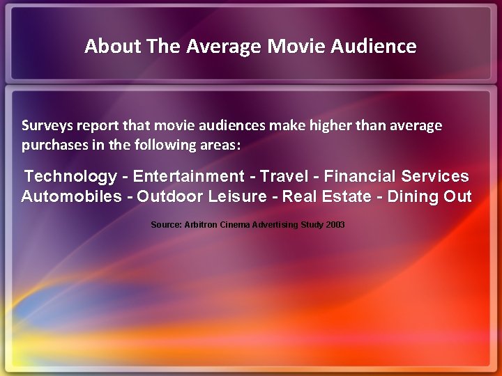 About The Average Movie Audience Surveys report that movie audiences make higher than average