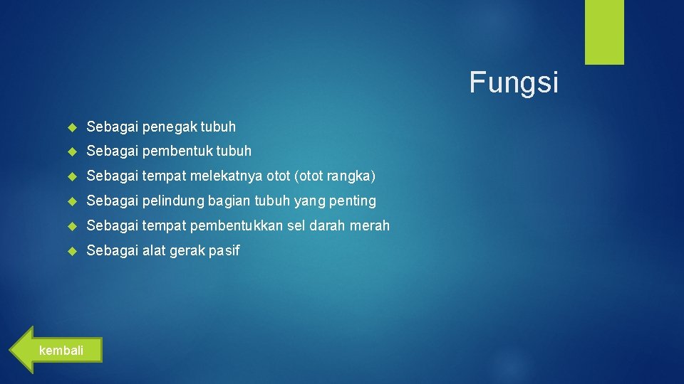 Fungsi Sebagai penegak tubuh Sebagai pembentuk tubuh Sebagai tempat melekatnya otot (otot rangka) Sebagai