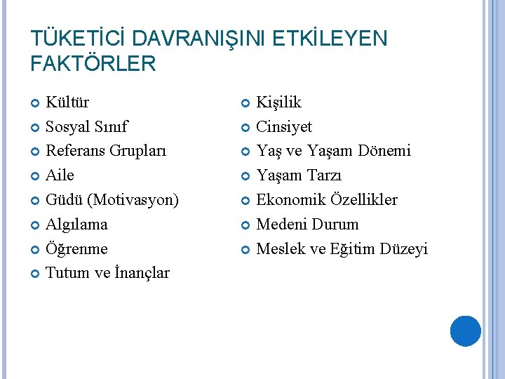 TÜKETİCİ DAVRANIŞINI ETKİLEYEN FAKTÖRLER Kültür Sosyal Sınıf Referans Grupları Aile Güdü (Motivasyon) Algılama Öğrenme