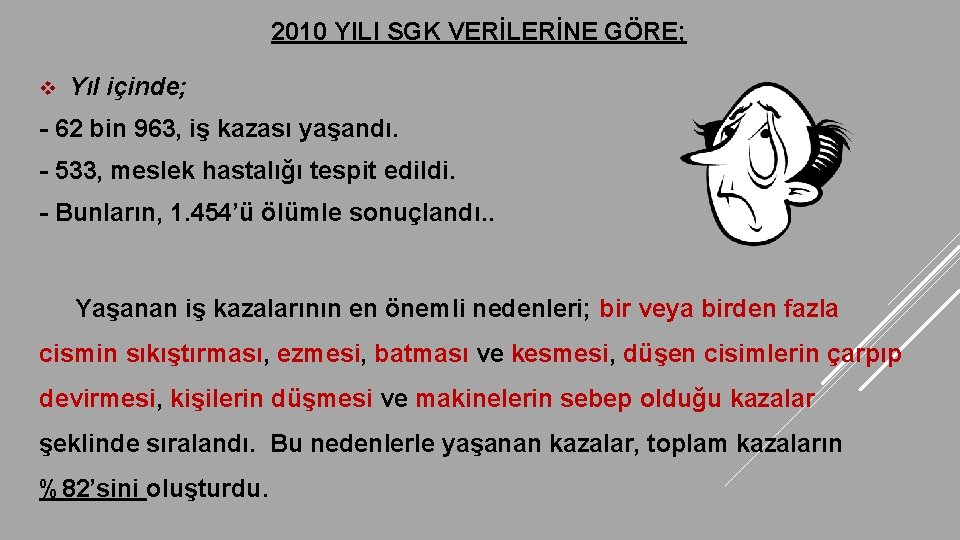 2010 YILI SGK VERİLERİNE GÖRE; v Yıl içinde; - 62 bin 963, iş kazası