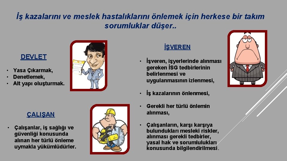  İş kazalarını ve meslek hastalıklarını önlemek için herkese bir takım sorumluklar düşer. .