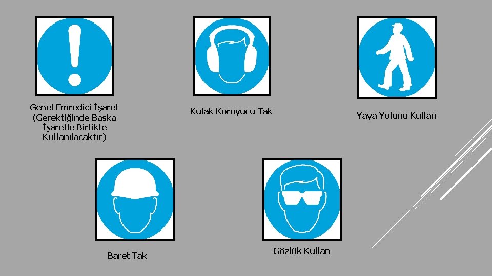 Genel Emredici İşaret (Gerektiğinde Başka İşaretle Birlikte Kullanılacaktır) Baret Tak Kulak Koruyucu Tak Yaya