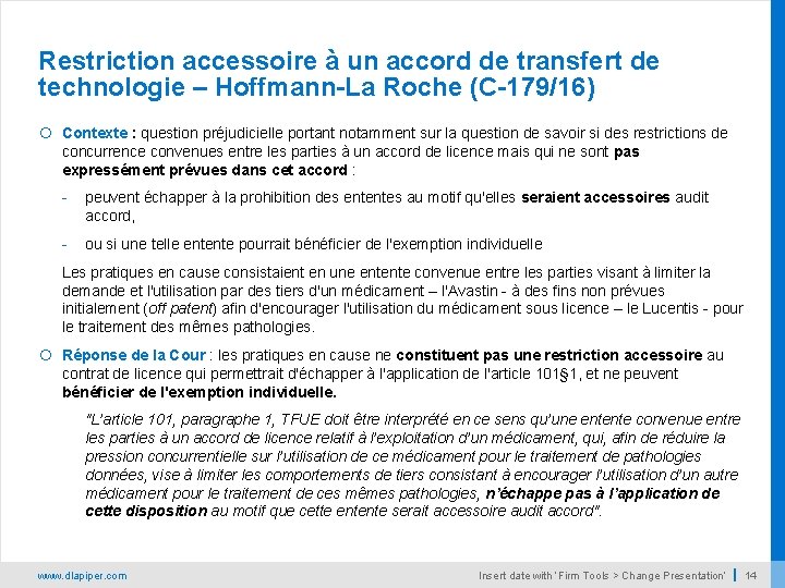 Restriction accessoire à un accord de transfert de technologie – Hoffmann-La Roche (C-179/16) Contexte