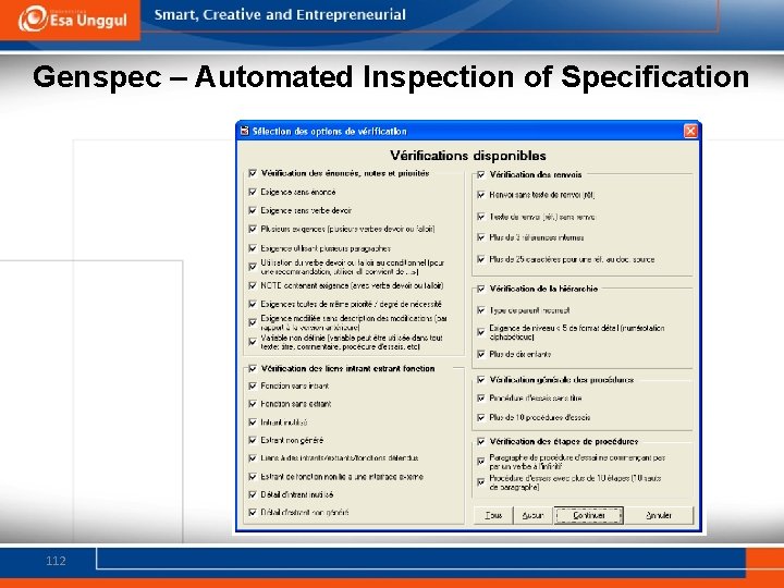 Genspec – Automated Inspection of Specification 112 