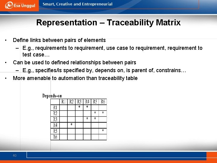 Representation – Traceability Matrix • • • Define links between pairs of elements –
