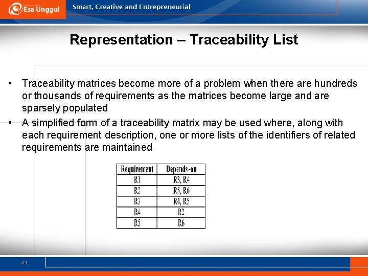 Representation – Traceability List • Traceability matrices become more of a problem when there