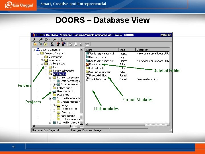 DOORS – Database View Deleted Folders Formal Modules Projects Link modules 96 