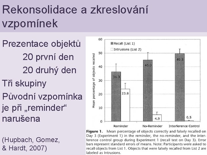 Rekonsolidace a zkreslování vzpomínek Prezentace objektů 20 první den 20 druhý den Tři skupiny