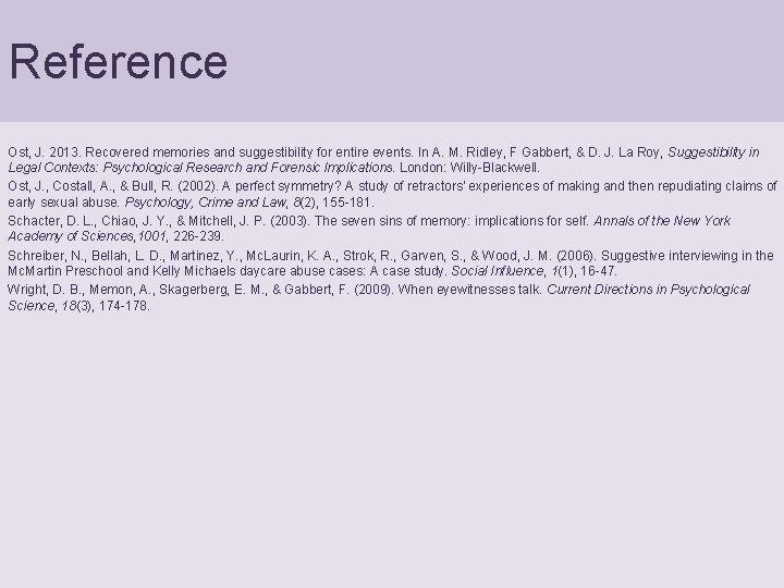 Reference Ost, J. 2013. Recovered memories and suggestibility for entire events. In A. M.