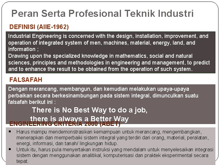 Peran Serta Profesional Teknik Industri DEFINISI (AIIE-1962) Industrial Engineering is concerned with the design,