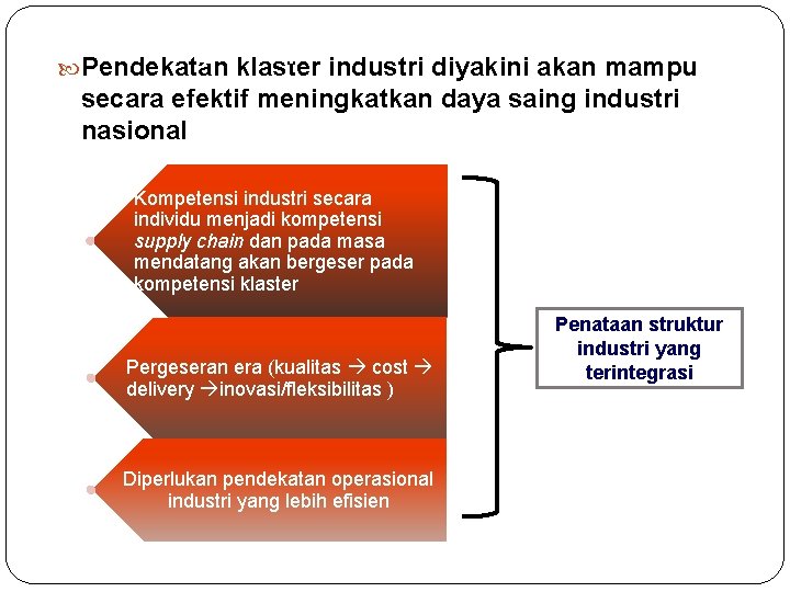 Mengapa pendekatan klaster industri? Pendekatan klaster industri diyakini akan mampu secara efektif meningkatkan daya