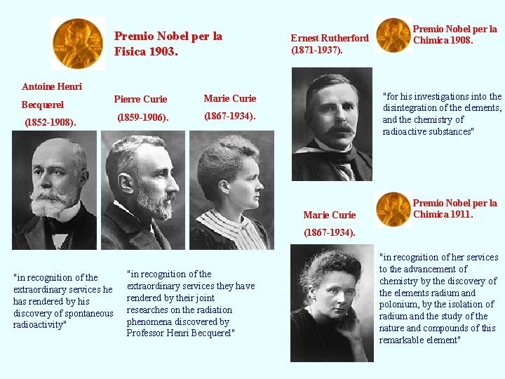 Premio Nobel per la Fisica 1903. Ernest Rutherford (1871 -1937). Antoine Henri Becquerel Pierre
