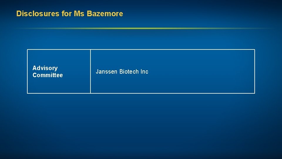 Disclosures for Ms Bazemore Advisory Committee Janssen Biotech Inc 